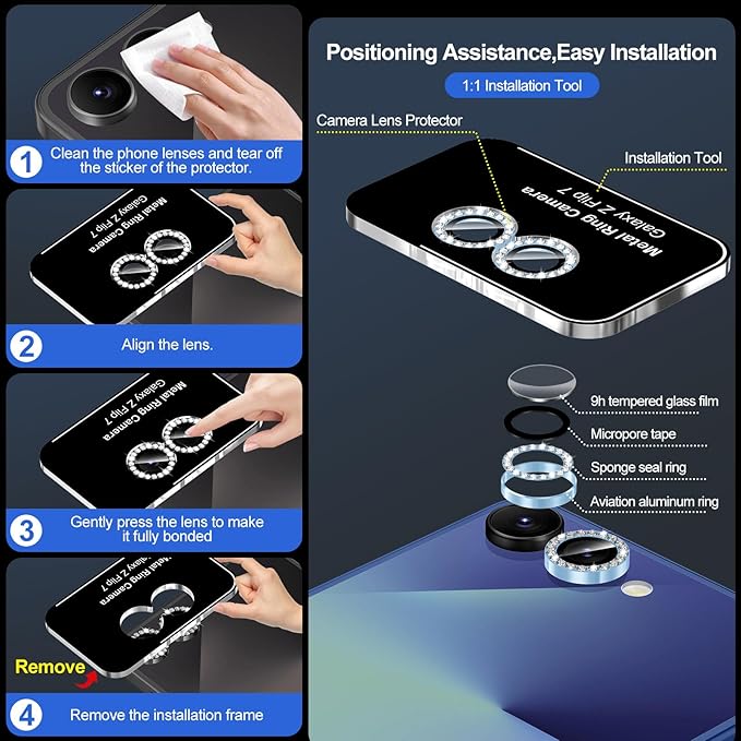for Samsung Galaxy Z Flip 7 Camera Lens Protector, Individual Metal Ring Tempered Glass Lens Cover, [Strong Adsorption] Scratch Resistant Ultra-Thin HD Clear Lens Cover, 1 Set-Blue Diamond