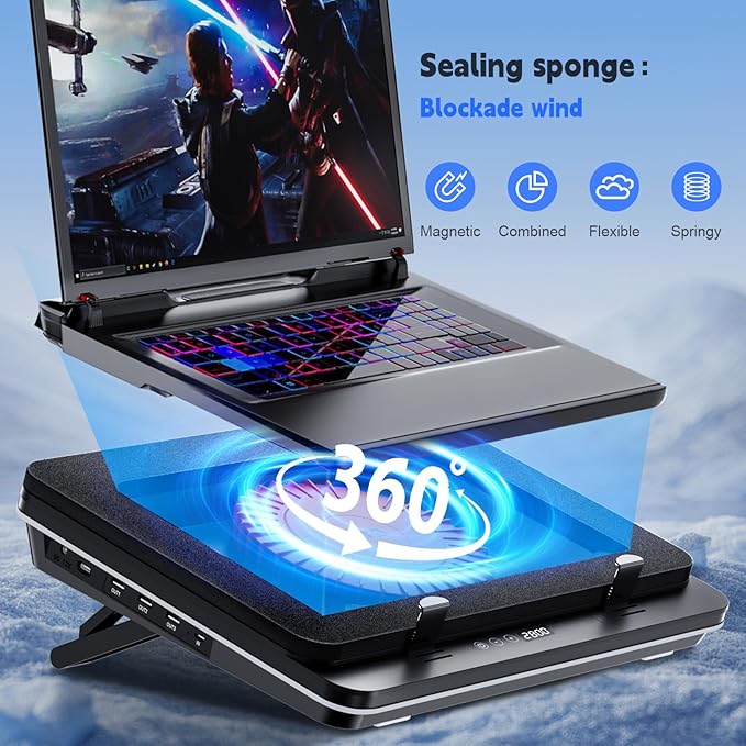 GT600 Laptop Cooling Pad Equipped with Gigantic Turbo-Fan（5.5inch Diameter）,Sealed Foam for Rapid Cooling Gaming Laptop,14.1-19.3 inch Laptop Cooler with 3-Port USB Hub,Dust Filter,Touch Start