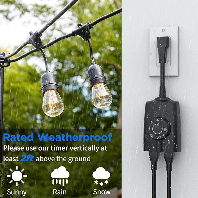 G-Homa Outdoor Timer, Dusk to Dawn Timer, Outdoor Light Timers Waterproof, 2 Grounded Outlets Timers for Christmas Lights, 15A 1/2HP, CSA Listed, Light Sensor Timer 2Pack, Black, OT1004D