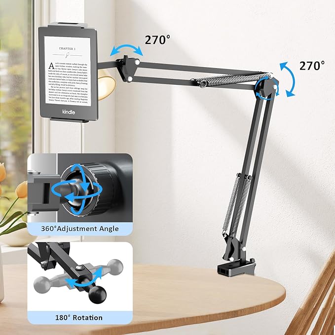 Metal Tablet Holder for Kindle Reading in Bed, Easy Adjust Hands Free Lazy Arm Mount for Kindle Accessories, Gifts for Readers