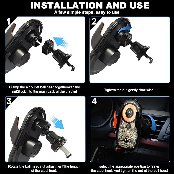 Wireless Car Charger, 15W Fast Charging Auto-Clamping Car Charger Phone Mount Air Vent Cell Phone Holder Compatible with iPhone 16 Pro Max/15/14/13/12/11, Samsung Galaxy S23/S22/S21/S20, etc