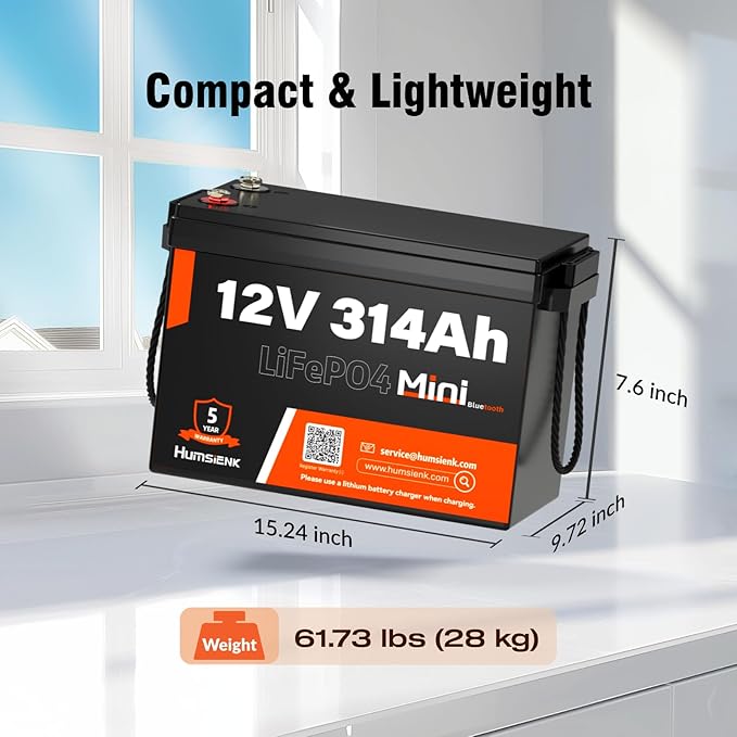 Bluetooth 12V 314Ah LiFePO4 Lithium Battery MINI, Max. 4190Wh Energy, EV A+ Cells, Built-in 100A BMS, 15000 Deep Cycles Battery with Low-Temp Protection for RVs, Solar System, Off-Grid
