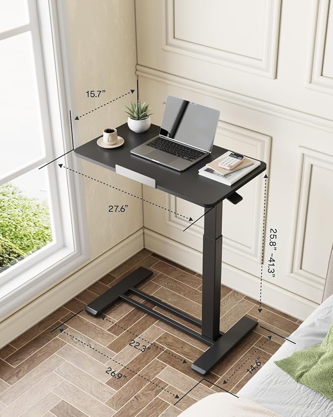FLEXISPOT H7 PRO Mobile Standing Desk Adjustable Overbed Table Pneumatic with Wheels 90°Tiltable Portable Laptop Desk Rolling Computer Cart Foldable Bedside Table(27.6" W x 15.7" D, Black)