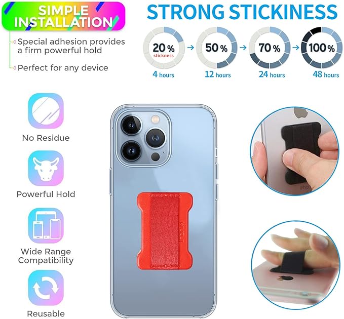 Universal Phone Grip for Smartphones - Phone Holder for Hand for Back of Phone - Wireless Charging Compatible (Black Red) - 2Pack