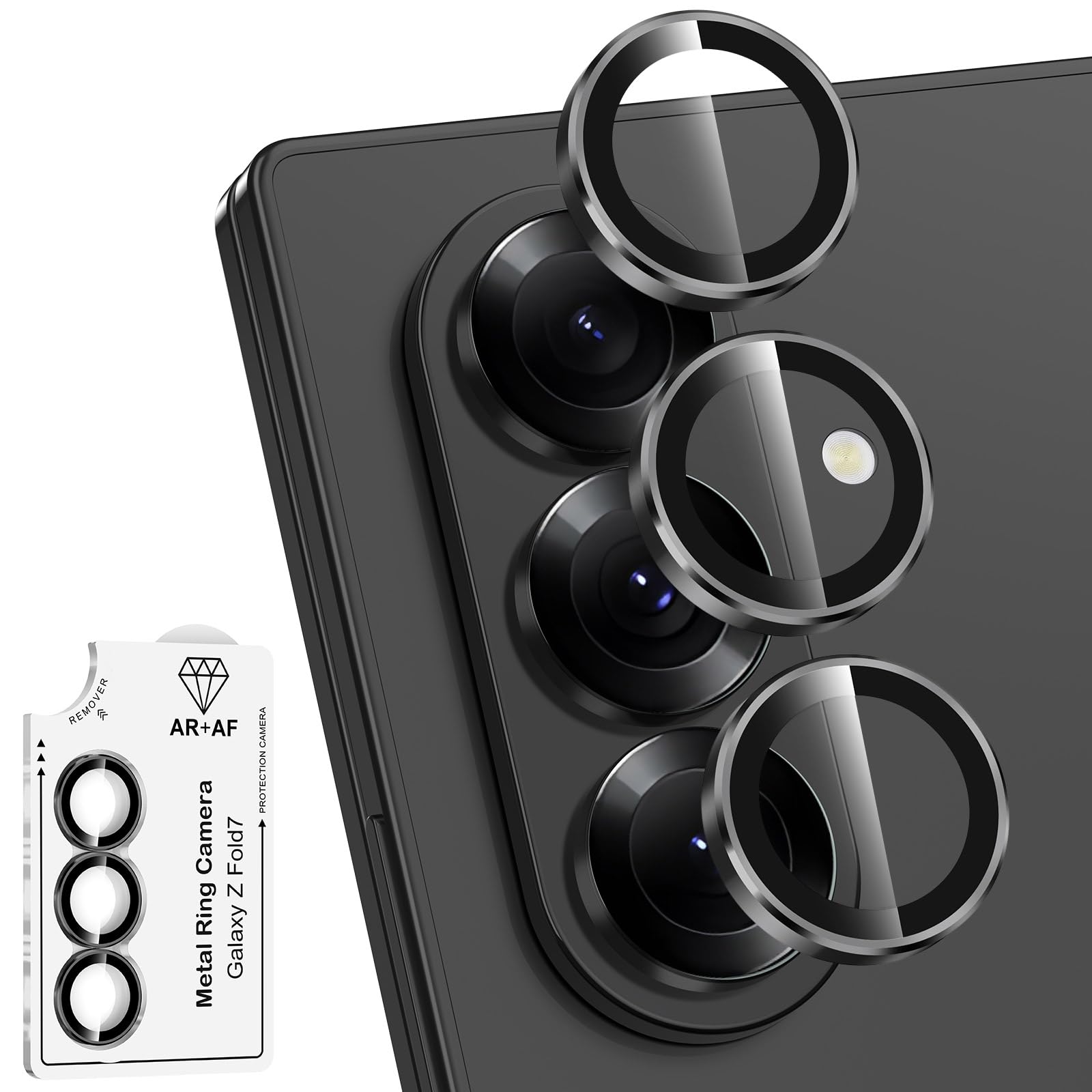 Avocase for Samsung Galaxy Z Fold 7 Camera Lens Protector, Individual Metal Ring Tempered Glass Lens Cover, [Strong Adsorption] Scratch Resistant Ultra-Thin HD Clear Lens Cover, 1 Set-Black Ring
