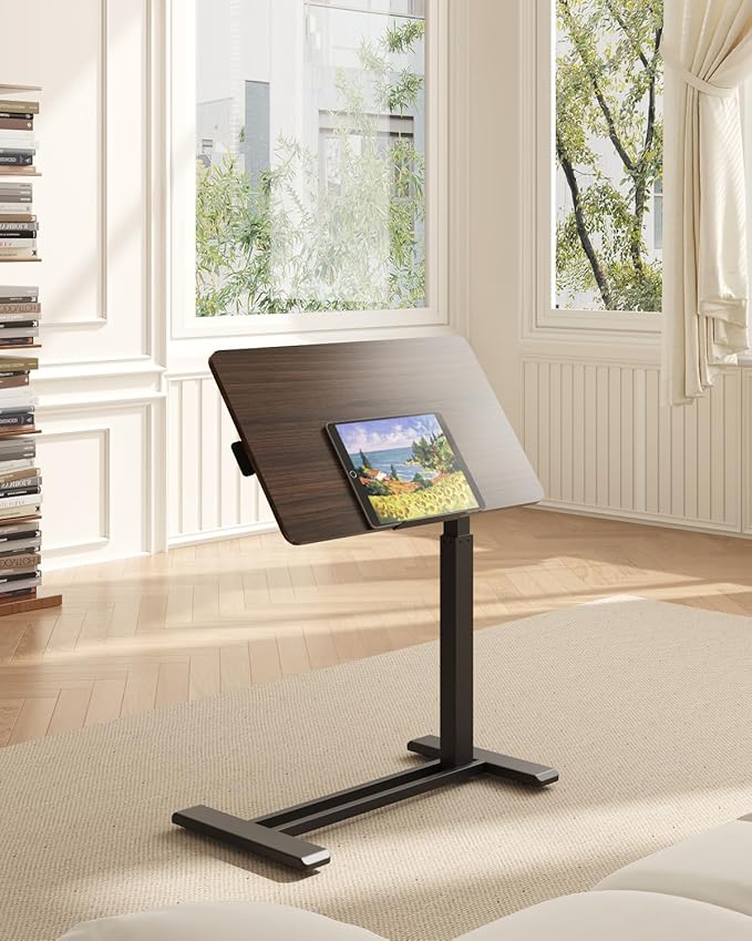 FLEXISPOT H7 PRO Mobile Standing Desk Adjustable Overbed Table Pneumatic with Wheels 90°Tiltable Portable Laptop Desk Rolling Computer Cart Foldable Bedside Table(27.6" W x 15.7" D, Rustic Brown)