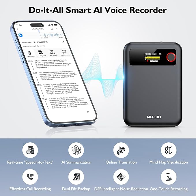 AI Voice Recorder with Transcribe Summarize: Note Voice Recorder with APP Control, 30H Continuous Recording, 64GB Memory Support 100+ Languages, AI Recorder for Calls, Lectures, Meetings