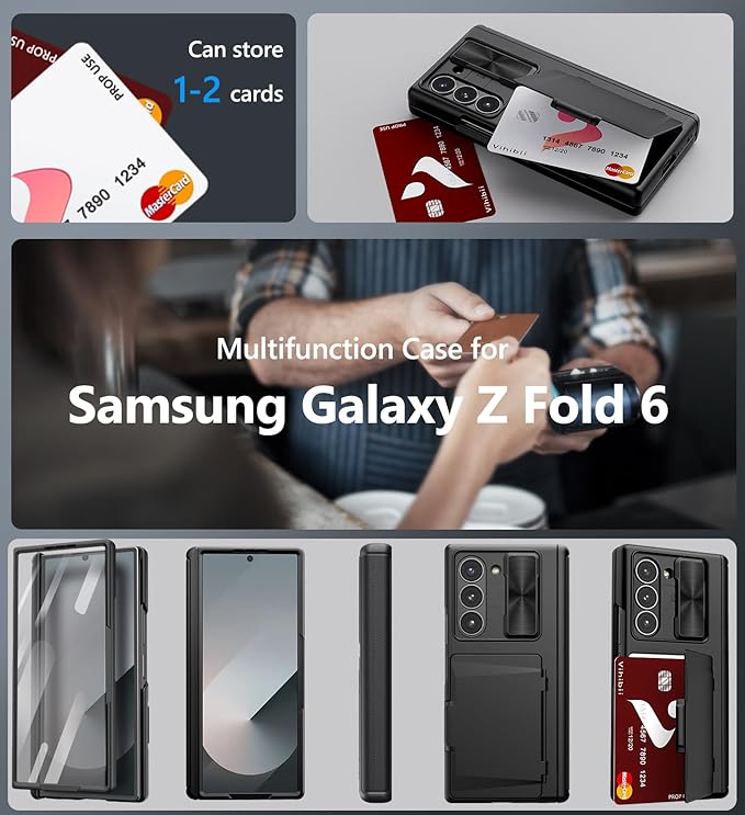 Vihibii for Samsung Galaxy Z Fold 6 Case with Card Holder & Slide Camera Cover & Screen Protector & Hinge Protection, Heavy Duty Rugged Wallet Phone Case for Samsung Galaxy Z Fold 6 2024, Black