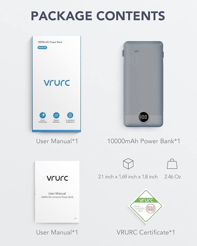 VRURC Portable Charger Built-in Cables and AC Wall Plug, USB C Power Bank 10000mAh, Travel Battery Portable Phone Charger Compact Lightweight External Battery Pack for Smart Phones, Tablets etc-Grey