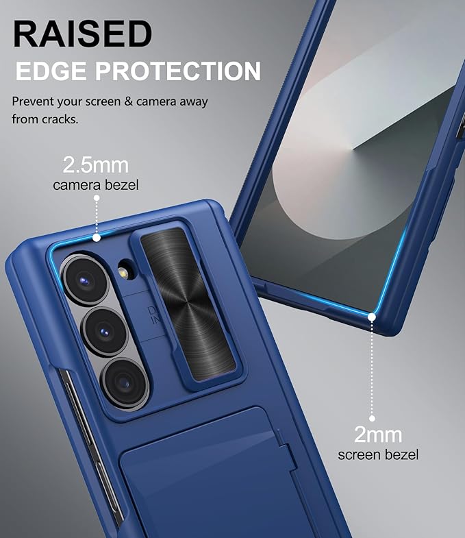 for Samsung Galaxy Z Fold 6 Case with Card Holder & Belt Clip & Slide Camera Cover, Built-in Hinge Protection & Screen Protector, Rugged Wallet Phone Cover Case for Z Fold 6 5G 2024, Blue