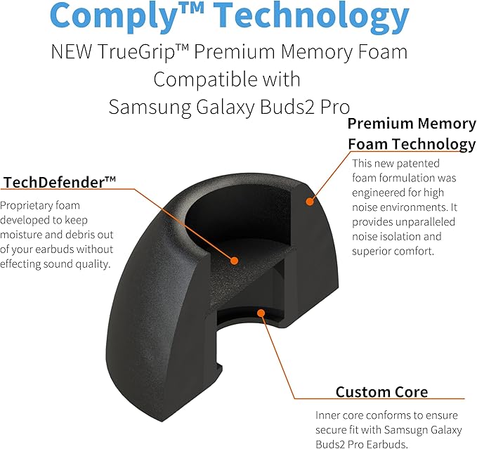 Comply TrueGrip | Premium Memory Foam Replacement Earbud Tips for Samsung Galaxy Buds2 Pro | Enhanced Comfort, Secure Fit, Superior Noise Isolation, Cleaning Tool | Black, Small (3 Pairs)