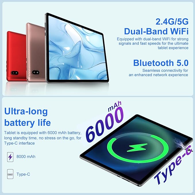 Android 14 Tablet 10 Inch Tablets, 20GB+128GB/1TB Expandable, Tablets with Octa-Core, WiFi 6, Dual Camera, BT 5.0, 6000mAh Battery, HD IPS Display, Widevine L1, Tablet with Keyboard Mouse - Sliver