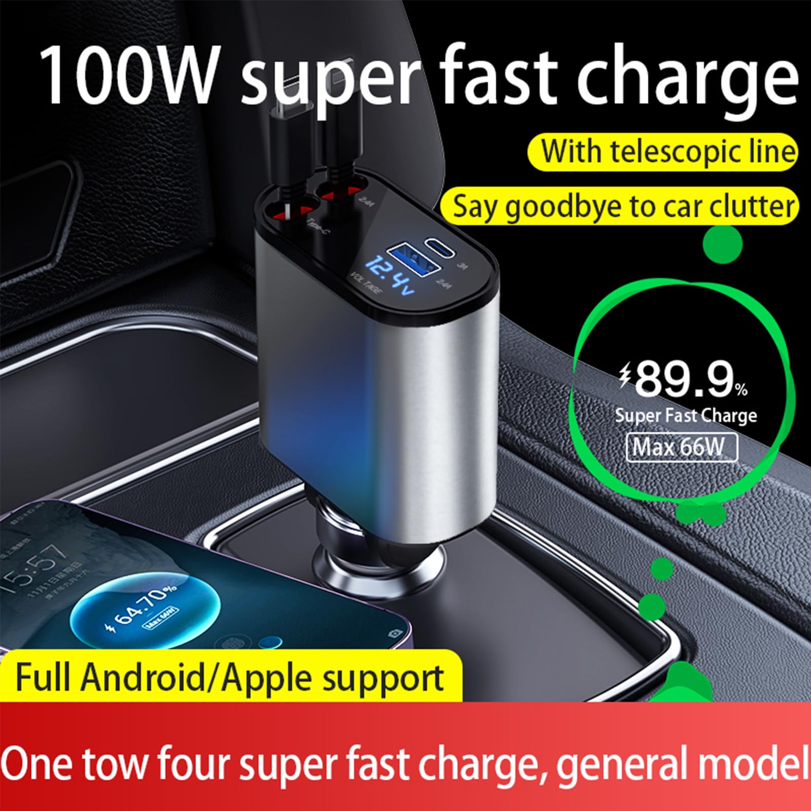 Retractable Car Charger，4 in1 Fast Car Phone Charger with Dual Retractable Cables and 2 Charging Ports (Type C+Lightning Retractable Cords)