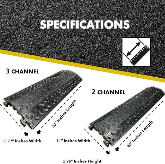 Kable Kontrol Drop Over Floor Cord Cover – 40” Inch Long 3 Channel Cable or Wire Protector – 5 Pcs Bulk Pack - Rubber Ramp for Indoor and Outdoor Use – Black