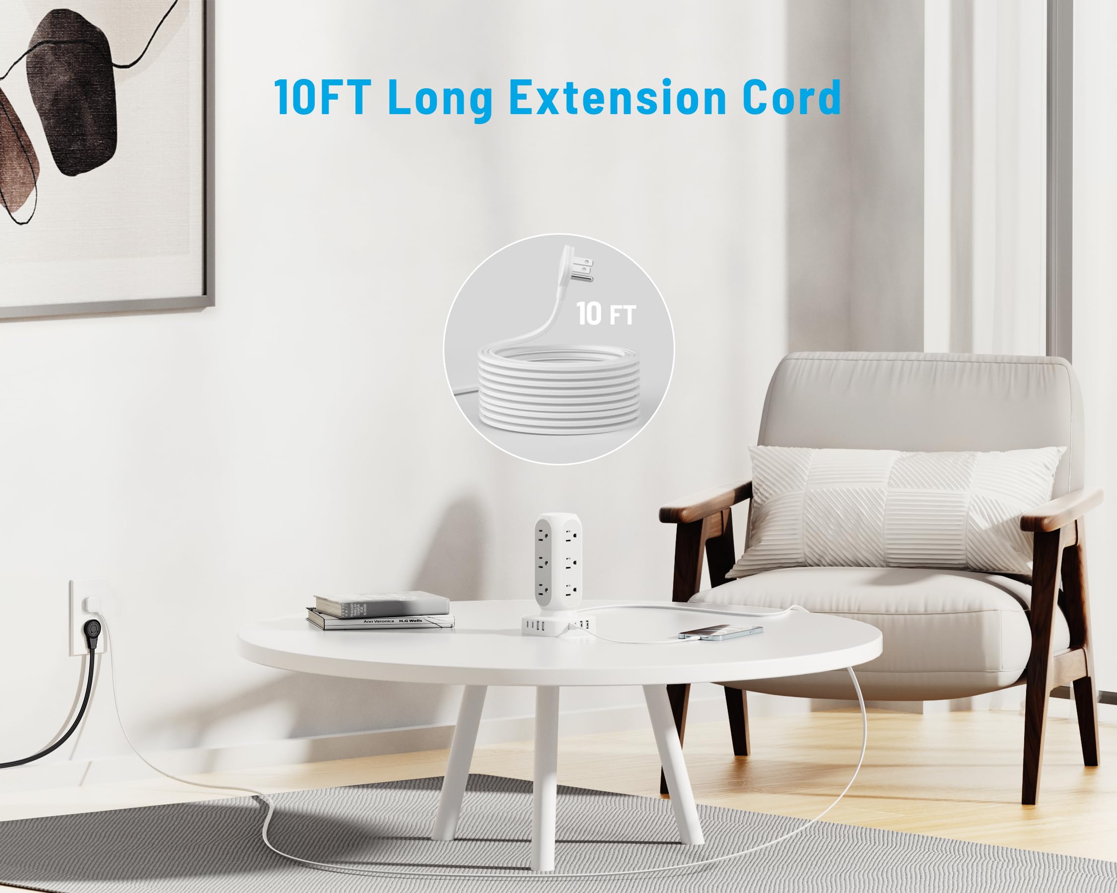 Flat Plug Power Strip Tower, TenTrend 65W Max Charging Tower with 12 AC Outlets & 8 USB Ports (4 USB C), 82W Total Fast Charging Station, 10FT Extension Cord for Desk Office Dorm Room