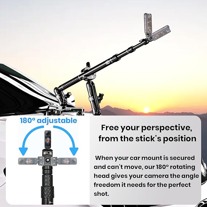 Suction Car Mount for GoPro/Insta360/DJI | Aluminum Alloy Extendable Selfie Stick with Multi-Joint Flexible Arm | Upsized Strong Suction Mount Kit Includes Tripod Adapter