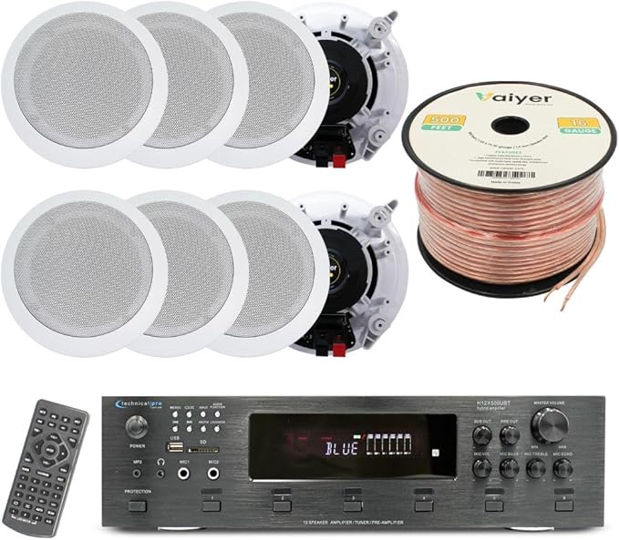 Vaiyer Home Theater System Kit, 6-Channel 6000 Watts Bluetooth Amplifier with 5.25" 8 Qty of 175 W Each in-Wall in-Ceiling Speakers & 16 AWG 500 ft. Speaker Wire Perfect for Home, Office, Restaurants