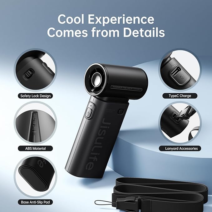 JISULIFE Portable Handheld Fan Life9, Turbo Power High Speed Air [18H Max Cooling Time], 5 Gear Wind, 5000mAh Rechargeable, Mini Pocket Design, Personal Fan for Travel Concerts Camping Makeup - Black
