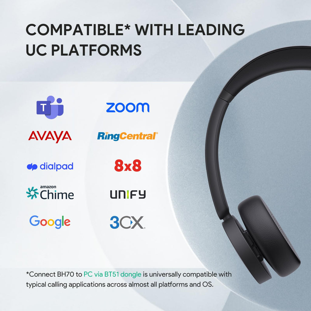 Yealink BH70 Teams Bluetooth Headset with Mic for Work, 35h Talk Battery