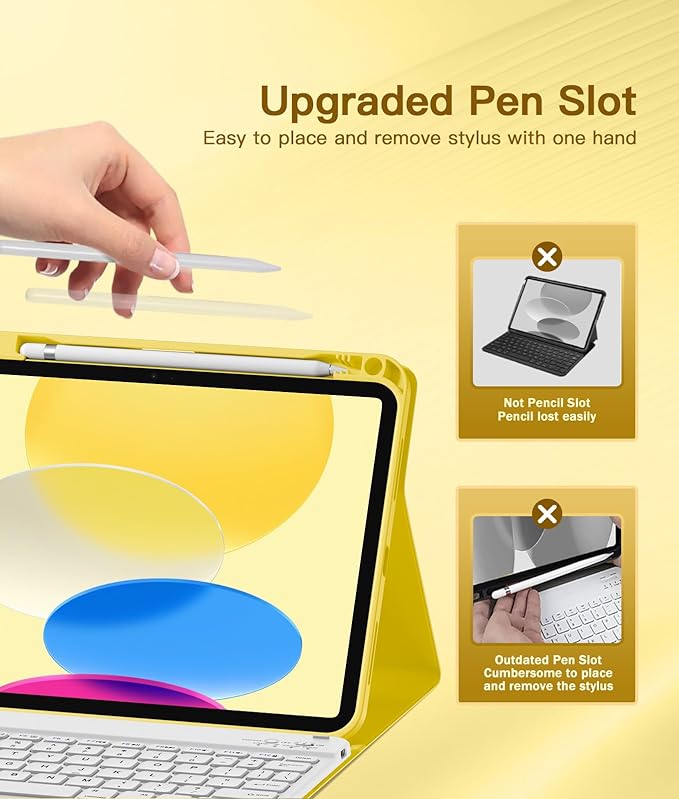 for iPad 10th Generation Case with Keyboard 10.9 Inch 2022/iPad (A16) 11th Gen 11 Inch 2025 - Magnetic Detachable Keyboard, Stain Proof Cover, Smart Folio Case with Pencil Holder - Yellow