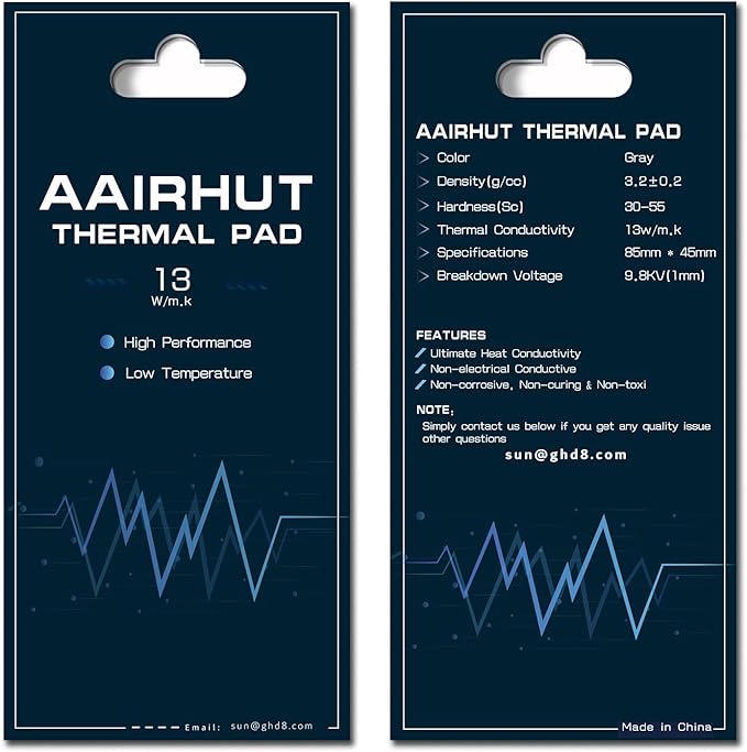 Aairhut Thermal Pads 13W/mK, 85 x 45 x 1.5mm Silicone Cooling Heatsink Thermal Pad GPU Non Conductive Heat Resistance Extreme Odyssey Cover with Dual Self-Adhesive Films for PC Laptop/CPU/LED