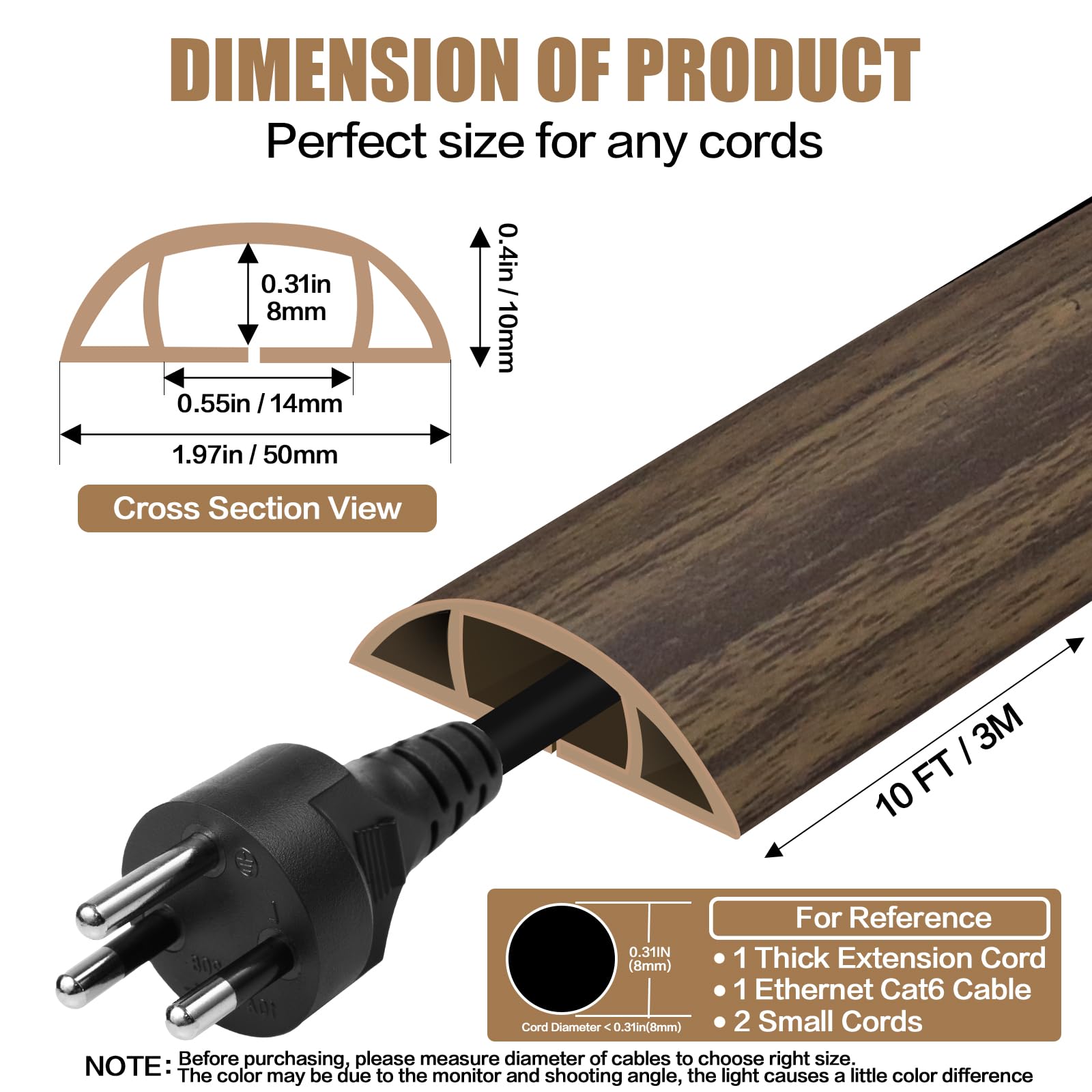 Floor Cord Cover Self Adhesive Cord Hider,10FT Cable Management, Extension Strip Protector for Wires, Prevent Cable Trips for Offices, Gyms, Exhibitions Cavity:0.47"(W) x 0.35"(H) Wood Walnut