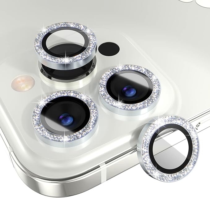 Choiche [3+1 for iPhone 14 Pro/iPhone 14 Pro Max Camera Lens Protector Bling, 9H Tempered Glass Camera Cover Screen Protector Metal Ring Decoration Accessories (Glitter-Silver)