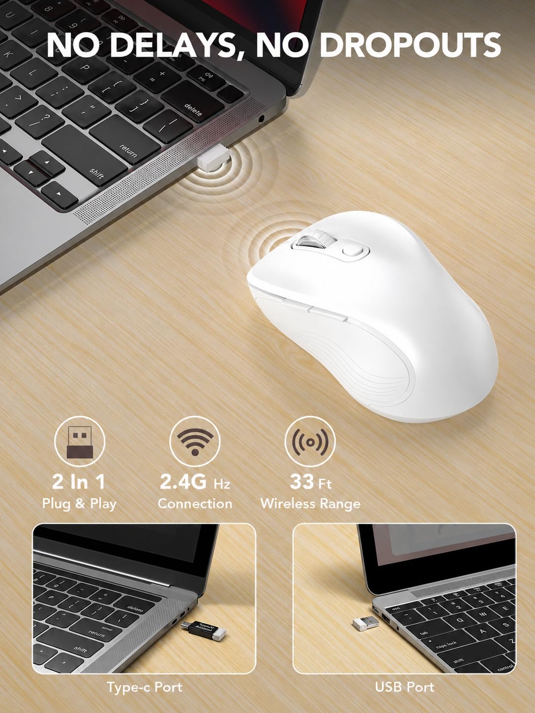 Trueque Wireless Mouse for Laptop, Ergonomic 6-Button Mouse, Pure White