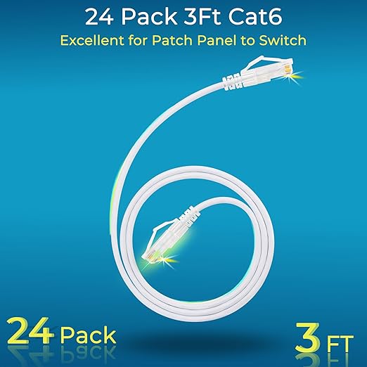 Rapink Patch Cables Cat6/ Cat6a 3ft (24 Pack) Slim, Cat6a Ethernet Patch Cable 10G Support, Snagless Cat 6 Patch Cable for Patch Panel to Switch, Flexiable Cat6 Ethernet Cable White