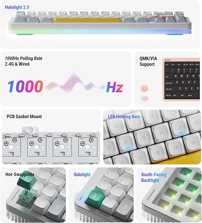 nuphy Halo75 V2 Mechancial Gaming Kyeboard,75% Wireless Hot Swappable Bluetooth Keyboard,83 Kyes RGB Backlit Keyboard,Support Bluetooth/2.4GHz/USB-C (White, Mint (37gf))