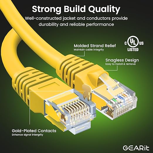 GearIT Cat 6 Ethernet Cable (24-Pack 3 Feet) Cat6 Network Patch, 10Gbps, RJ45, Snagless Cord, Gold-Plated Connectors, Internet for PC, TV, Tablet, Router, Printer, Servers, IT Data Center - Yellow