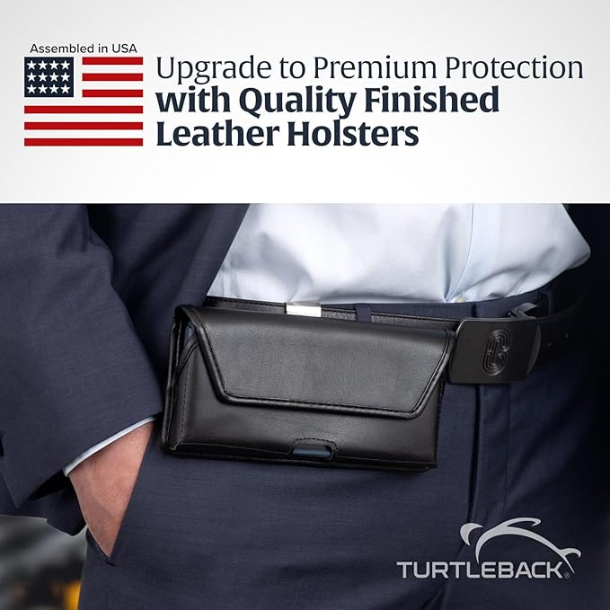 Turtleback Belt Clip for iPhone 16 Pro Max, 15 Pro Max, 14 Pro Max -Large- Fits w/Defender Bulky Style Cases, Premium Black Leather, Horizontal Belt Holder, Magnetic Closure, HD Rotating Clip