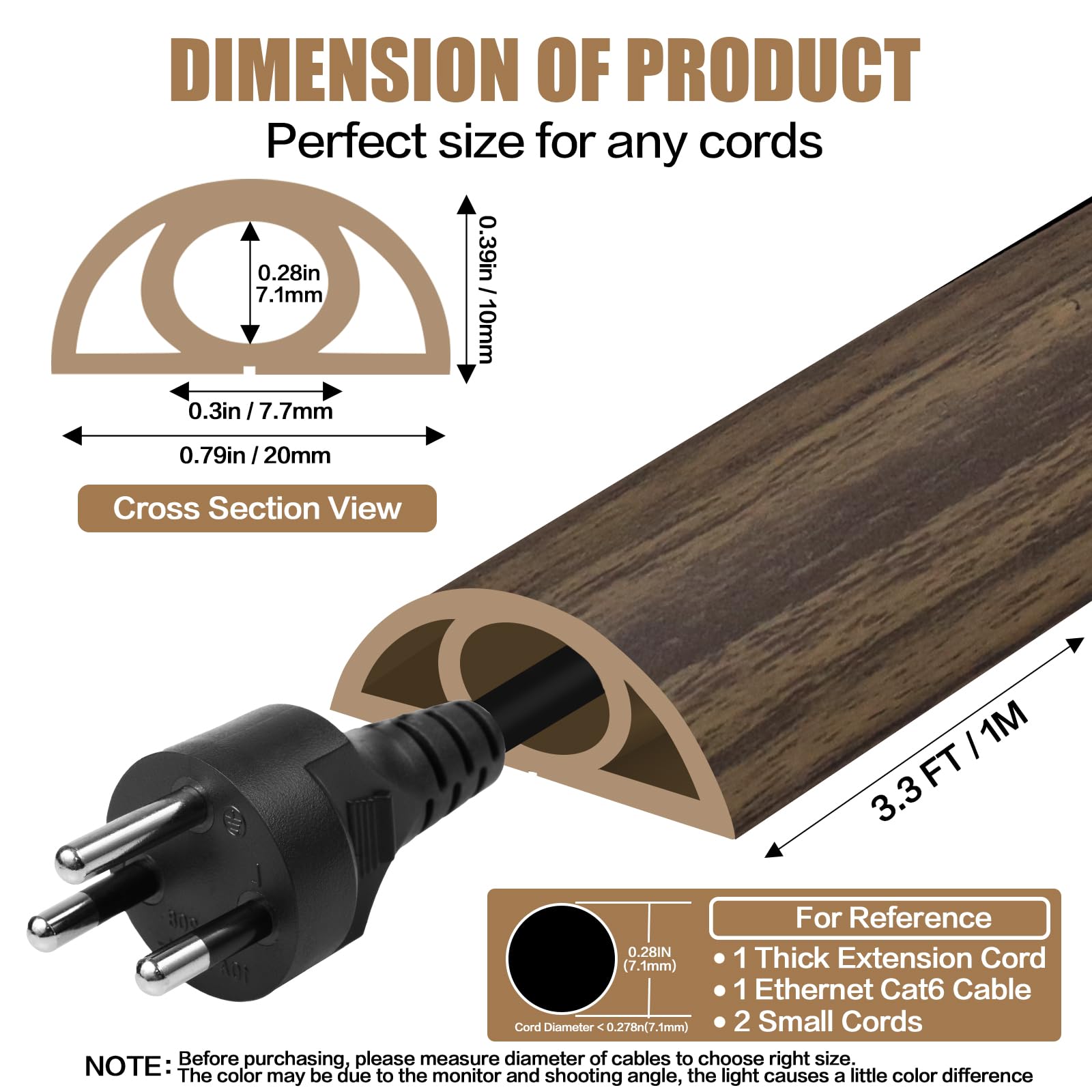 Floor Cord Cover Self Adhesive Cord Hider,3.3FT Cable Management, Extension Strip Protector for Wires, Prevent Cable Trips for Offices, Gyms, Exhibitions Cavity:0.3"(W) x 0.28"(H) Wood Walnut