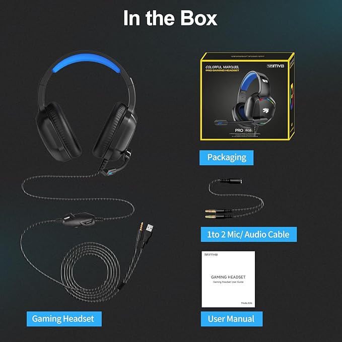 A36 Gaming Headset with Microphone for Pc, Xbox One Series X/s, Ps4, Ps5, Switch, Stereo Wired Noise Cancelling Over-Ear Headphones with Mic for Computer, Laptop, Mac, Nintendo, Gamer (Blue)