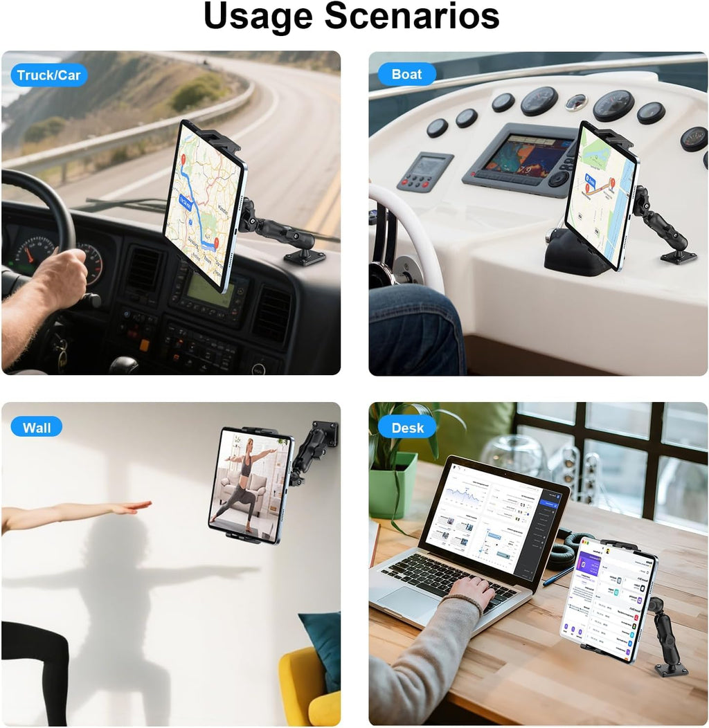 PLDHPRO Tablet Mount for Truck, Heavy Duty Drill Base Tablet Holder for Car Dashboard, Adjustable 2-Stage Stand Compatible with iPad, Galaxy Tab/Z Fold, 5.5-14.6'' Phone Tab for Wall, Vehicle, Boat