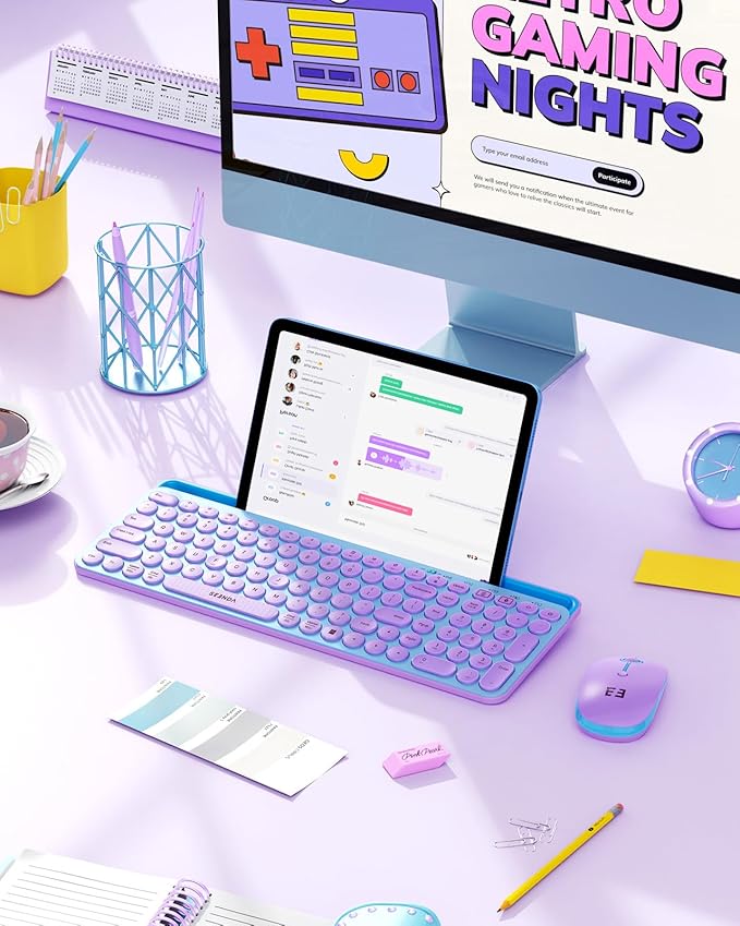 seenda Bluetooth Keyboard and Mouse for iPad, CTU-301 Multi-Device Bluetooth + 2.4G Wireless Keyboard Mouse with Tablet Holder for MacBook/Windows Computer, iOS/Andriod Tablet Phone, Blue & Purple