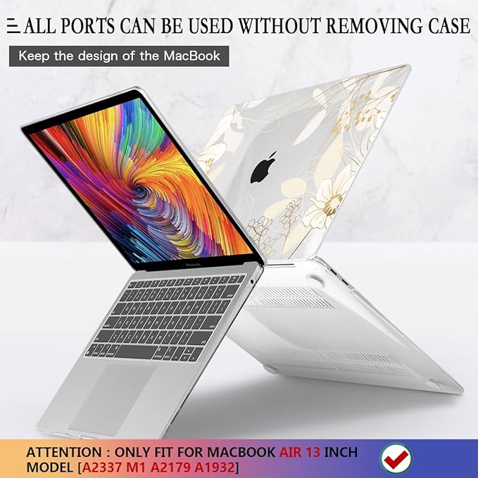 CISSOOK for MacBook Air 13 inch Case 2021 2020 2019 2018 Release Model A2337 A2179 A1932 with Retina Display +Touch ID, Plastic Hard Shell Case + Keyboard Cover for MacBook Air 13 M1, Golden Flowers