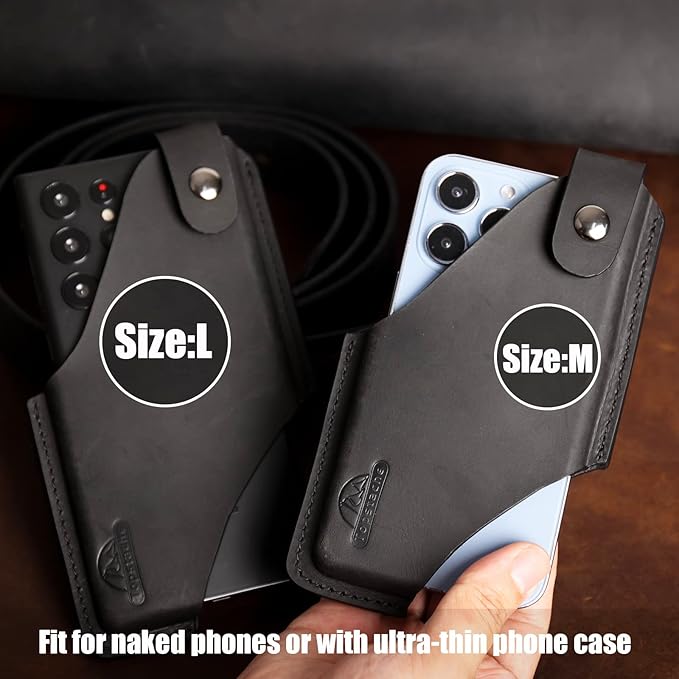 Topstache Leather Phone Holster with Magnetic Closure, Belt Clip Loop Case for iPhone & Samsung, Black, Medium