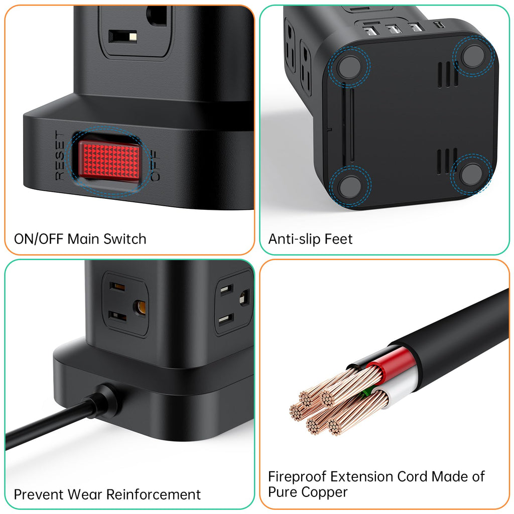 Extension Cord with Multiple Outlets, SMALLRT Power Strip Tower with USB Ports 12 AC Outlets, PD 20W USB C, 15FT Outlet Extender for Home Dorm, Office Supplies, Overload Protection