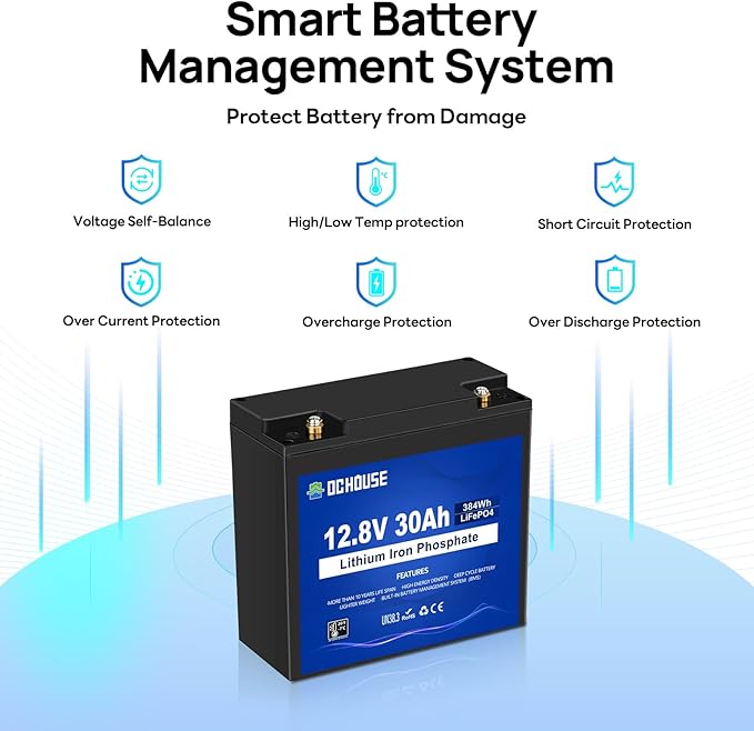 DC HOUSE 2 Pack 12V 30Ah LiFePO4 Lithium Battery, Low Temp Cut-Off, 4000+ Deep Cycle Rechargeable Battery, Perfect for Scooter Pride Mobility Jazzy Select Electric Wheelchair, Trolling Motor