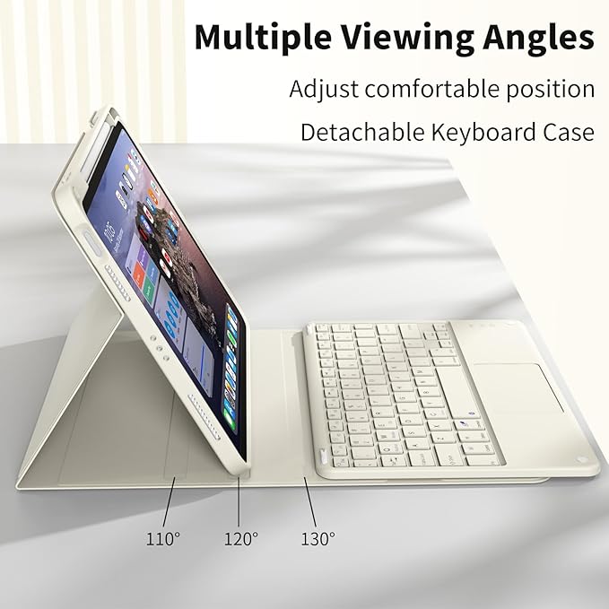 JKSML for iPad(A16) 11th/10th Generation Case with Keyboard (11/10.9 inch) 2025/2022, Wireless Detachable Bluetooth Cover with Trackpad, Flip Stand Case Thin with Pencil Holder, Cream White