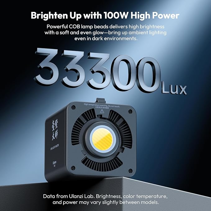 ULANZI 100W Bi-color Portable LED Video Light w DC Power Adapter, 111Wh Build-in Battery Metal Mini Adjustable Color Temperature COB Continuous Output Lighting Handheld Spotlight 2700K-6500K for Video