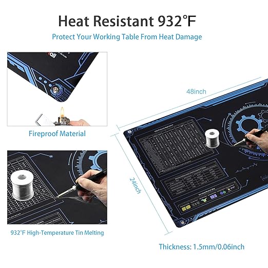 KooMall Large 48x24 Inch Anti Static Mat, Soldering Rubber Mat for PC Building, ESD Sensitive Device Repair, Assembly Work, with ESD Grounding Plug,Cord,Wrist Strap Bracelets Wristband,Heat Resistant