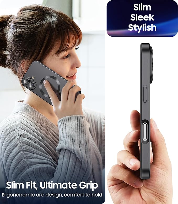 Magnetic for iPhone 16 Case [Compatible with MagSafe][Built-in Camera Lens Protector] Slim Soft Silicone Bumper Shockproof Metallic Luster Phone Case (Black)