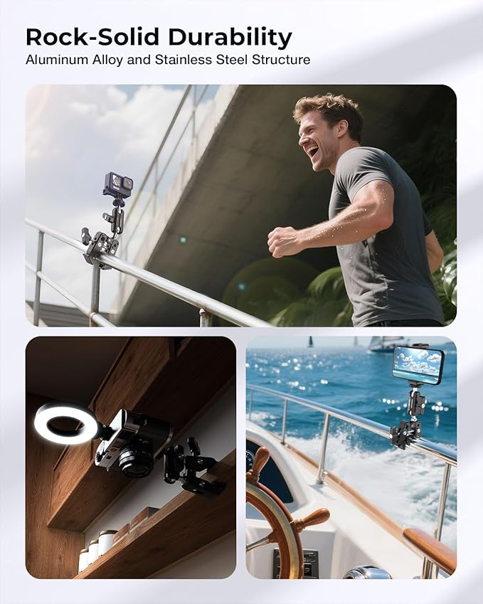 Super Clamp Camera Mount, 360° Dual Ballhead Magic Arm, 1/4"-20 & 3/8"-16 Threads, Super Clamp Kit for Phone/LED Lights/DSLR Camera/Gopro/Ronin-M/MOVI/Insta360/Tripod/Desk