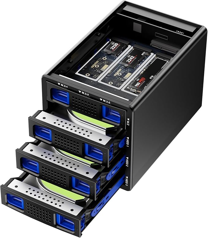Hybrid 3*2.5/3.5" SATA HDD/SSD(2 HDDs Support 4 RAID Mode)+3* M / B+M Key M.2 NVMe Enclosure with Fan, USB A/C 3.2 Gen 2, Hard Drive Enclosure Support 90TB(3*22TB HDD+3*8TB 2230/42/60/80/110 SSDs)