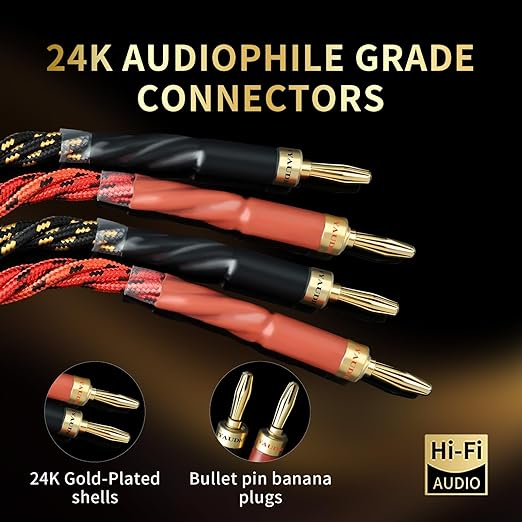 10 AWG Audiophile HiFi Speaker Audio Cable–4N OFC Core,24K Gold-Plated Banana Plugs with Nylon Braid,Compatible with Amplifier,Speakers,AV Receiver & Home Theater(8.20ft/2.5m) 2-Pack