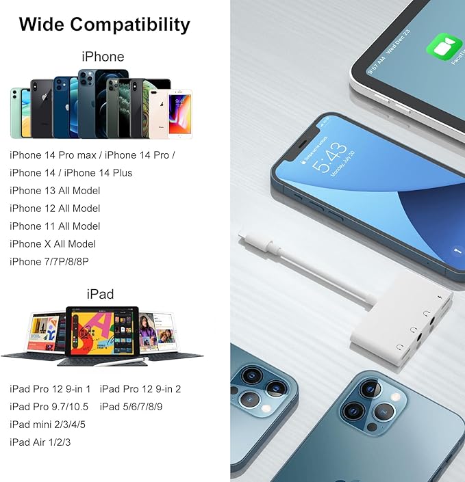 4 in 1 Headphone Splitter, iPhone Headphone Adapter + Dual 3.5mm Headphone Jack Adapter + Charging Port for iPhone 14 13 12 11 X 8 7