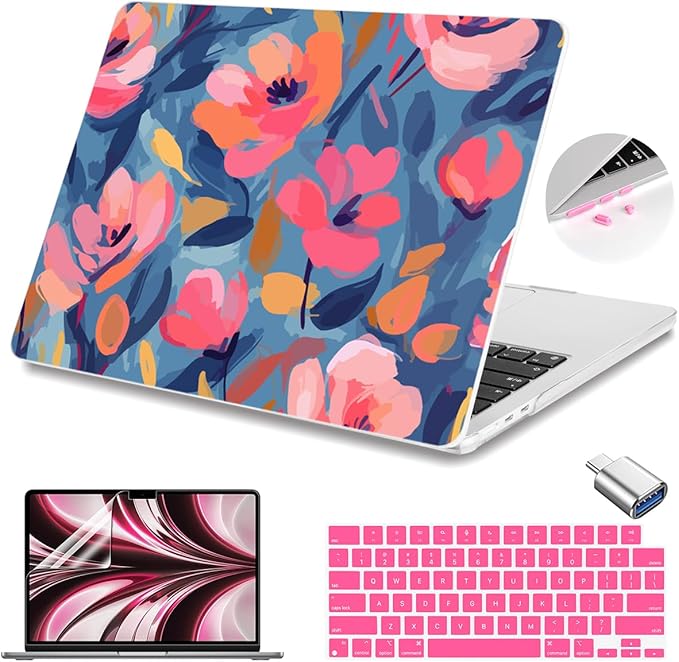 Teryeefi Compatible for 2022-2024 2025 MacBook Air 13.6 inch Case M4 A3240 / M3 A3113/ M2 A2681, Flowers Hard Shell Case&Keyboard Cover&Type C Adapter for MacBook Air M4 M3 M2, W-Abstract Pink Flower