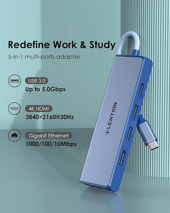 LENTION USB C Hub with Gigabit Ethernet Adapter, 4K HDMI, 3 USB 3.0 for 2023-2016 MacBook Pro 13/14/15/16, New Mac Air & Surface, Chromebook, More, Stable Driver Certified (CB-C25, Blue)